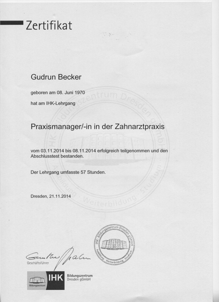 IHK Lehrgang Praxismanagerin Frau Gudrun Becker 001